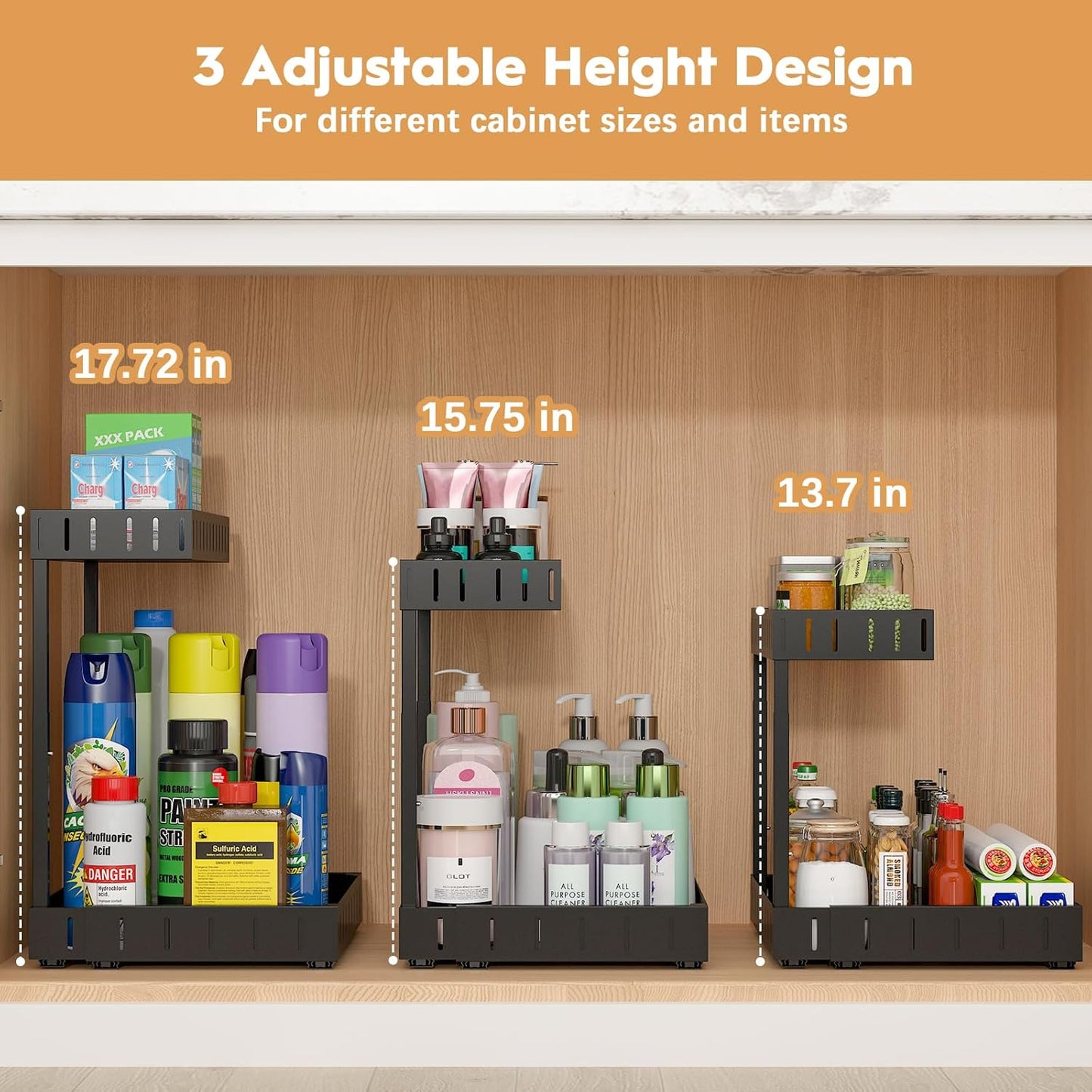 REALINN Under Sink Organizer - Adjustable 2-Tier Pull-Out Storage for Kitchen & Bathroom - Black, 2 Pack