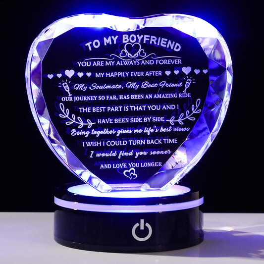 YWHL Gifts for Boyfriend with Colorful LED Base Unique Boyfriend Birthday Gift Ideas from Girlfriend Romantic Heart Crystal Keepsakes to My Boyfriend Gifts for Anniversary Christmas Valentine Day