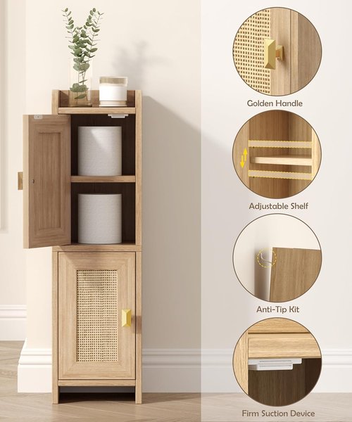 Akxomel Rattan Bathroom Cabinet - 2-Door Narrow Toilet Paper Storage Organizer | 7.9''D x 7.9''W, Natural Oak