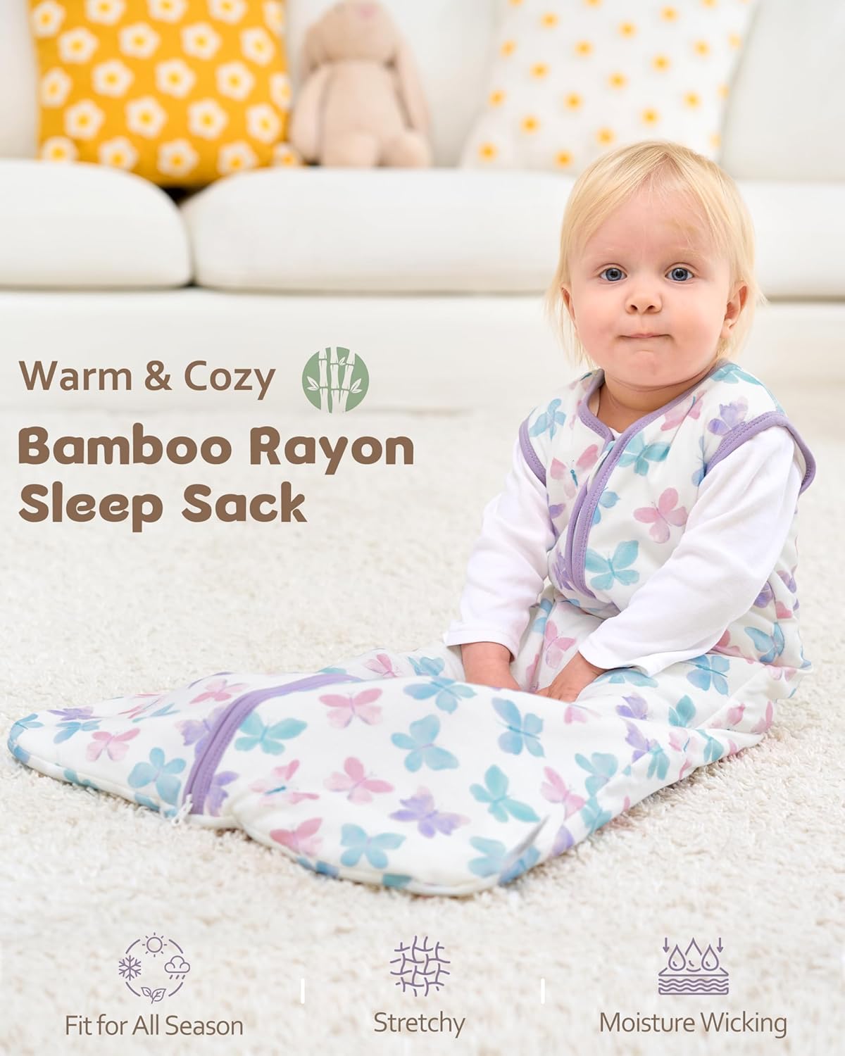 Rayon by Bamboo Baby Sleep Sack - Soft 1.0 Tog Wearable Blanket for Infants 6-12 Months | 2-Pack Purple Butterfly