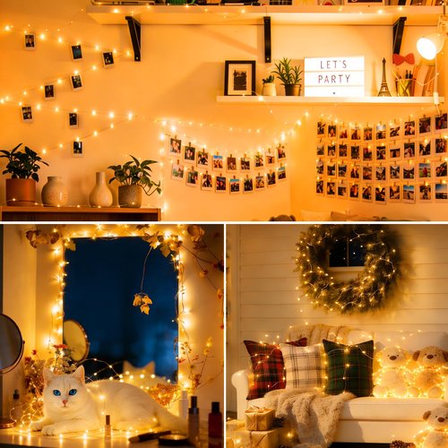 1Pack USB Plug in Fairy String Lights,16ft 50 LED Copper with Remote and Timer, 8 Modes Waterproof Twinkle String Lights Battery Powered for Bedroom Indoor Party Wedding Christmas Decoration