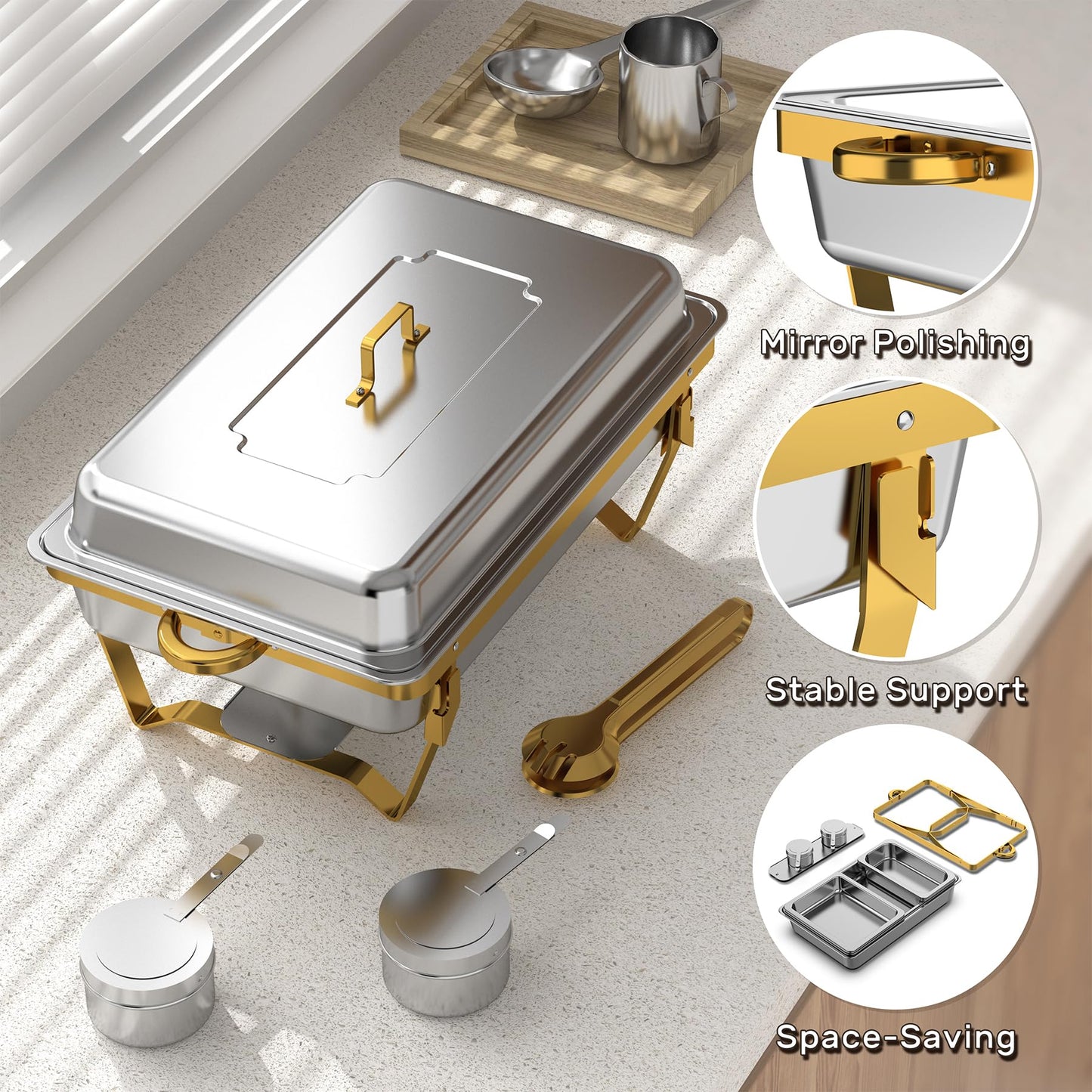 4 Pack Chafing Dishes for Buffet (Full 1/2 1/3 Size Pan), 9QT Chafing Dish Buffet Set Stainless Steel Buffet Food Warmers Sets for Catering Events Parties Dinners （Gold Silver）