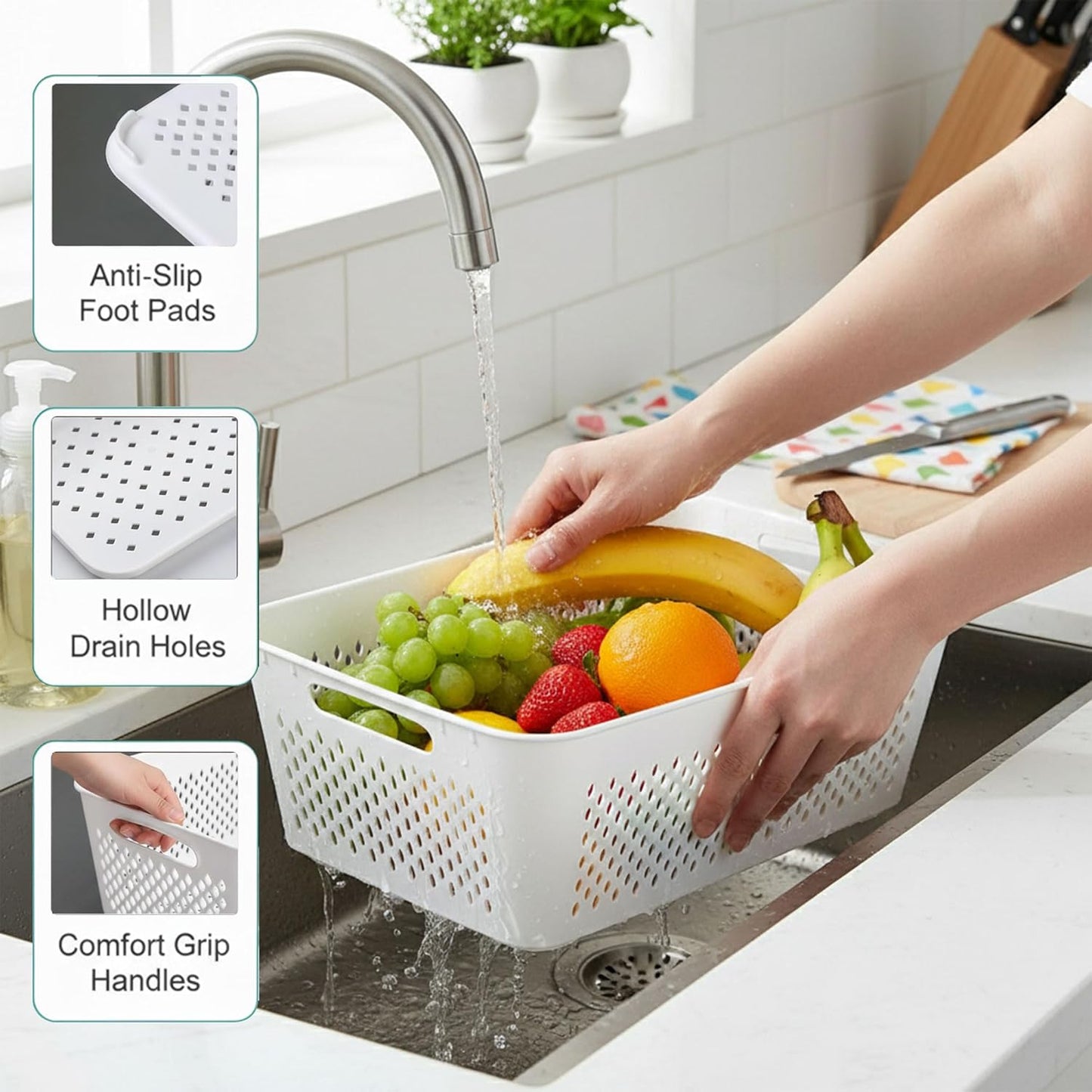 Skiennix Large Fruit Storage Containers - Airtight Plastic Food Storage with Removable Colander | 5 Pack