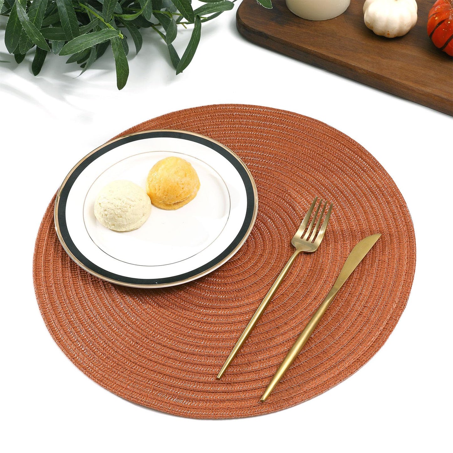 SHACOS Round Placemats Set of 6 Washable 15 inch Round Placemat Cotton Polyester Woven Braided Table Place Mats for Dining Table Decor, Dark Orange