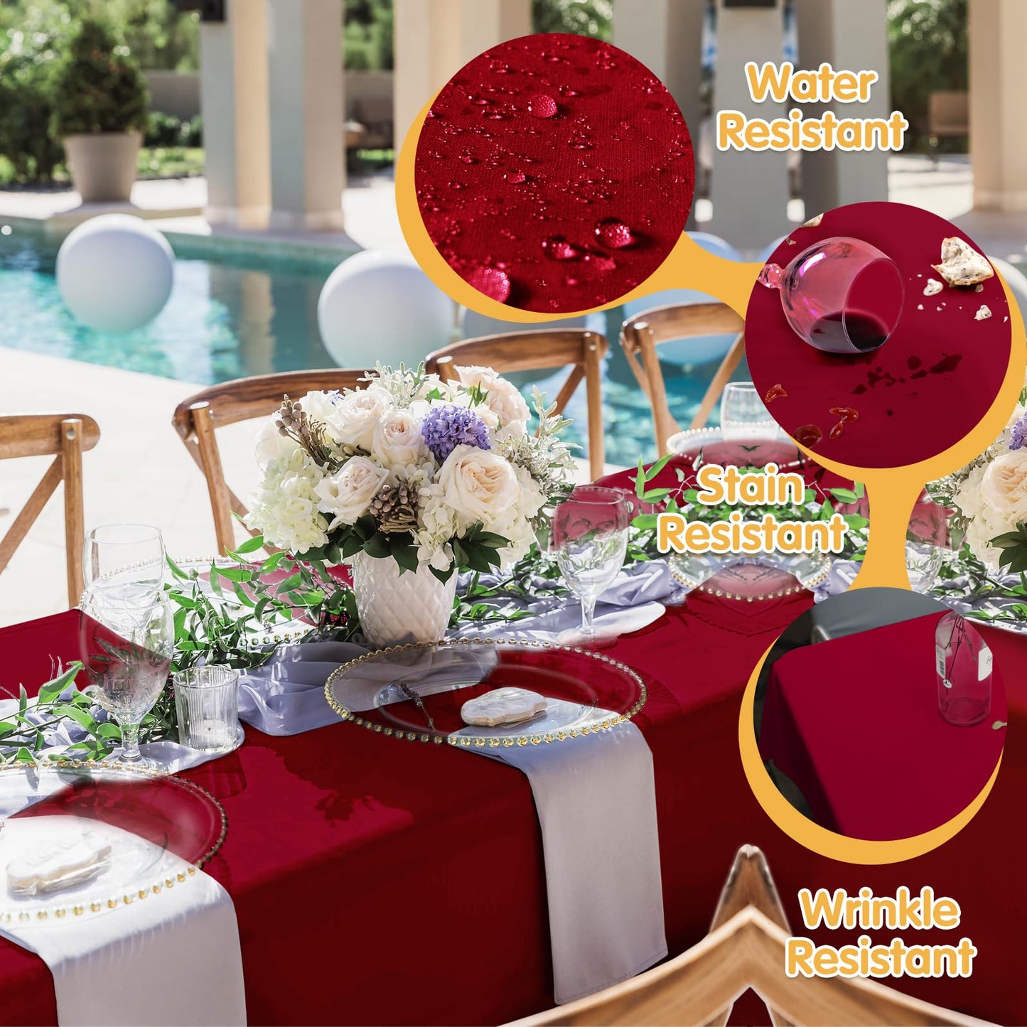 BRILLMAX 8 Pack Burgundy Tablecloths 60 x 126 Inch for 8ft Rectangle Tables - 150 GSM Polyester Fabric, 15" Standard Drop, Water, Stain & Wrinkle Resistant Cloth Cover for Wedding Dining Buffet