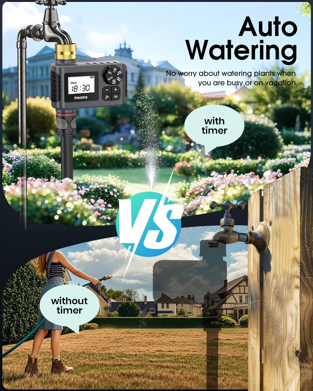 Water Timer - 2-Pack Automatic Garden Hose Irrigation System with Rain Delay & Manual Mode