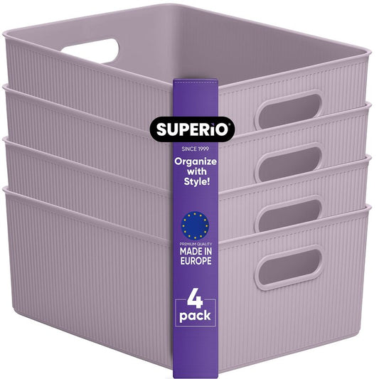 Superio Ribbed Collection - Decorative Plastic Basket Open Home Storage Bins Organizer, Large Lilac Purple (4 Pack) Container Boxes for Organizing Closet Storage Bins for Shelves 15 Liter/16 Quart