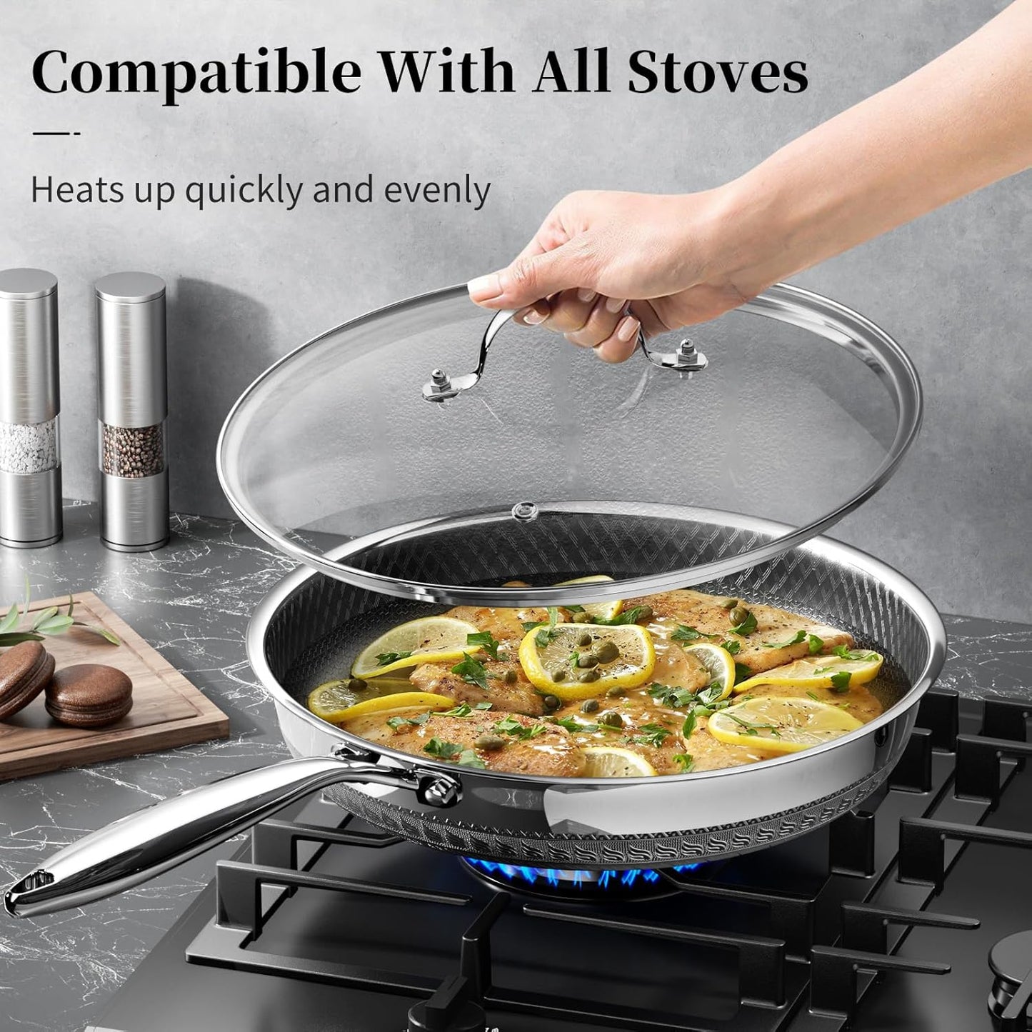 Skiennix 8-Inch Nonstick Frying Pan - Titanium Ceramic Tri-Ply Skillet with Lid & Stay-Cool Handle