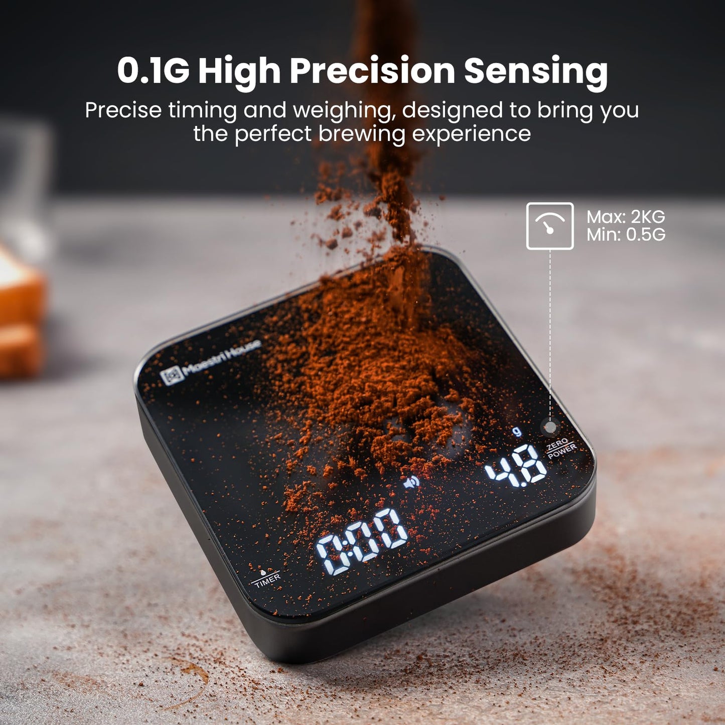 Maestri House Mini Coffee Scale with Timer, USB-C Rechargeable Espresso Scale, 2kg/0.1g Accurate Scale for Espresso and Pour-Over Coffee, Portable Digital Kitchen Scale with Auto Timer (Black)