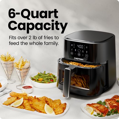 Chefman Air Fryer – 6 QT Compact Airfryer for Quick & Easy Meals, Features Hi-Fry Technology for Extra Crisp, Easy-View Window, Touch Controls with 4 Presets, Nonstick & Dishwasher Safe Basket - Black