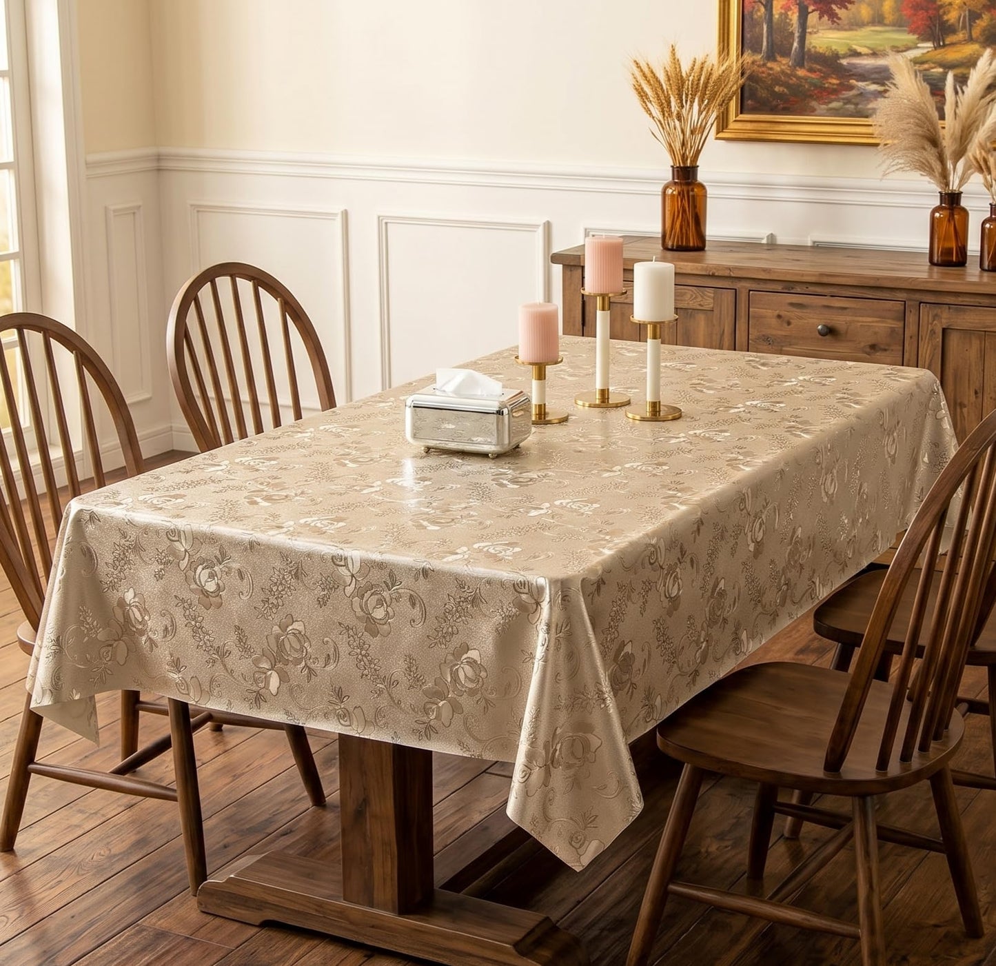 FAVE Gold Tablecloth Waterproof PVC Table Cover Wipeable Easy Clean for Kitchen Dining Table, Golden Rose Pattern 55x78 Inches for Wedding Banquet Birthday Party Restaurant Decors