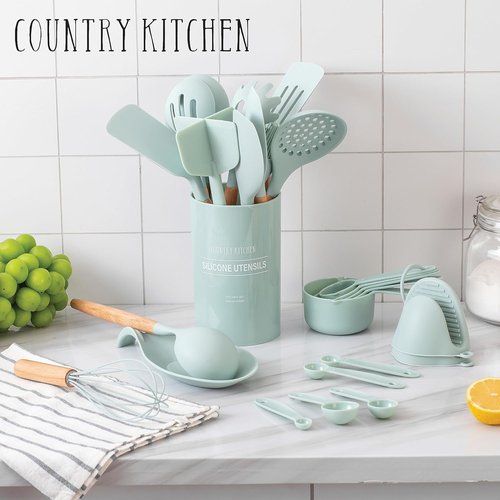 Country Kitchen Non-Stick Silicone Utensil Set - 38 Piece Cooking & Baking Tools in Mint