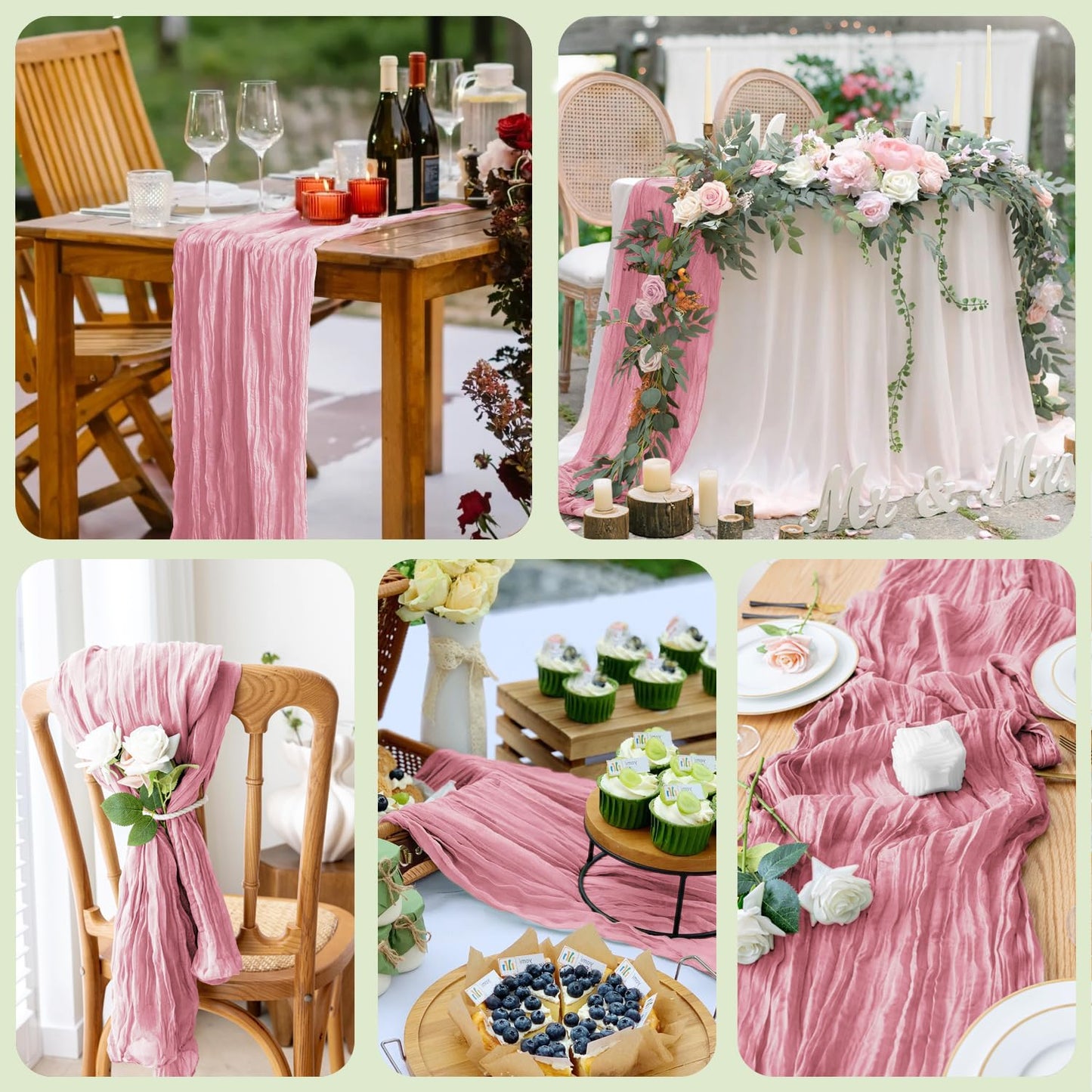 Wokceer Cheesecloth Table Runner 6Pack 10FT Pink Boho Gauze Cheese Cloth Table Runner for Party Long Rustic Sheer Table Runners for Baby Bridal Shower Wedding Easter Table Decor