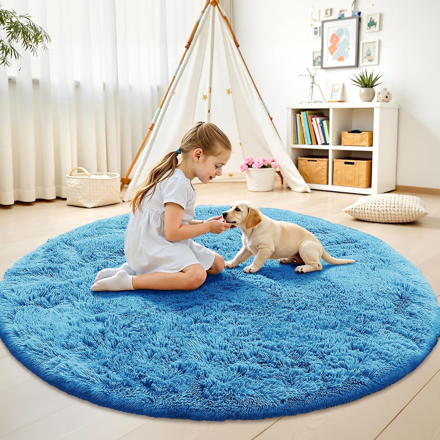 OLANLY Bright Blue Round Rug - Soft, Fluffy Shaggy Carpet for Bedroom | 8 ft Circle Area Rug for Home Decor