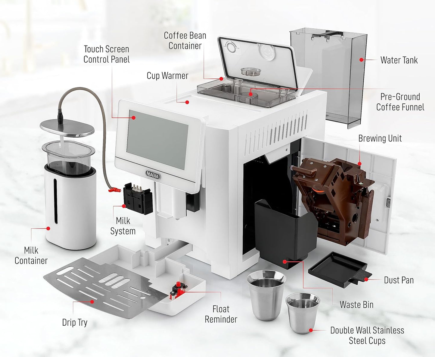 Zulay Magia Espresso Machine With Grinder - 19 Customizable Coffee Options | Includes Insulated Milk Container & Deluxe Cups - Auto-Cleaning - OG White