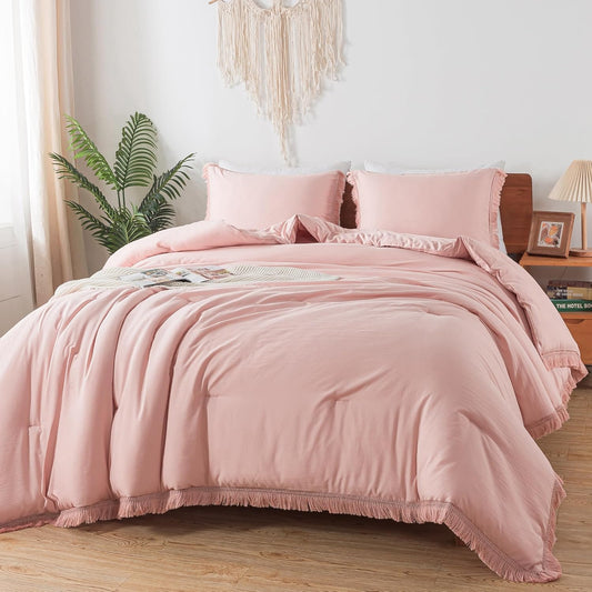 Andency Pink Comforter Set King Size for Girls, Blush Boho Women Tassel Lightweight Bedding Comforter Sets, 3 Pieces All Season Soft Fluffy Fringe Bed Set (104x90In Comforter & 2 Pillowcases)