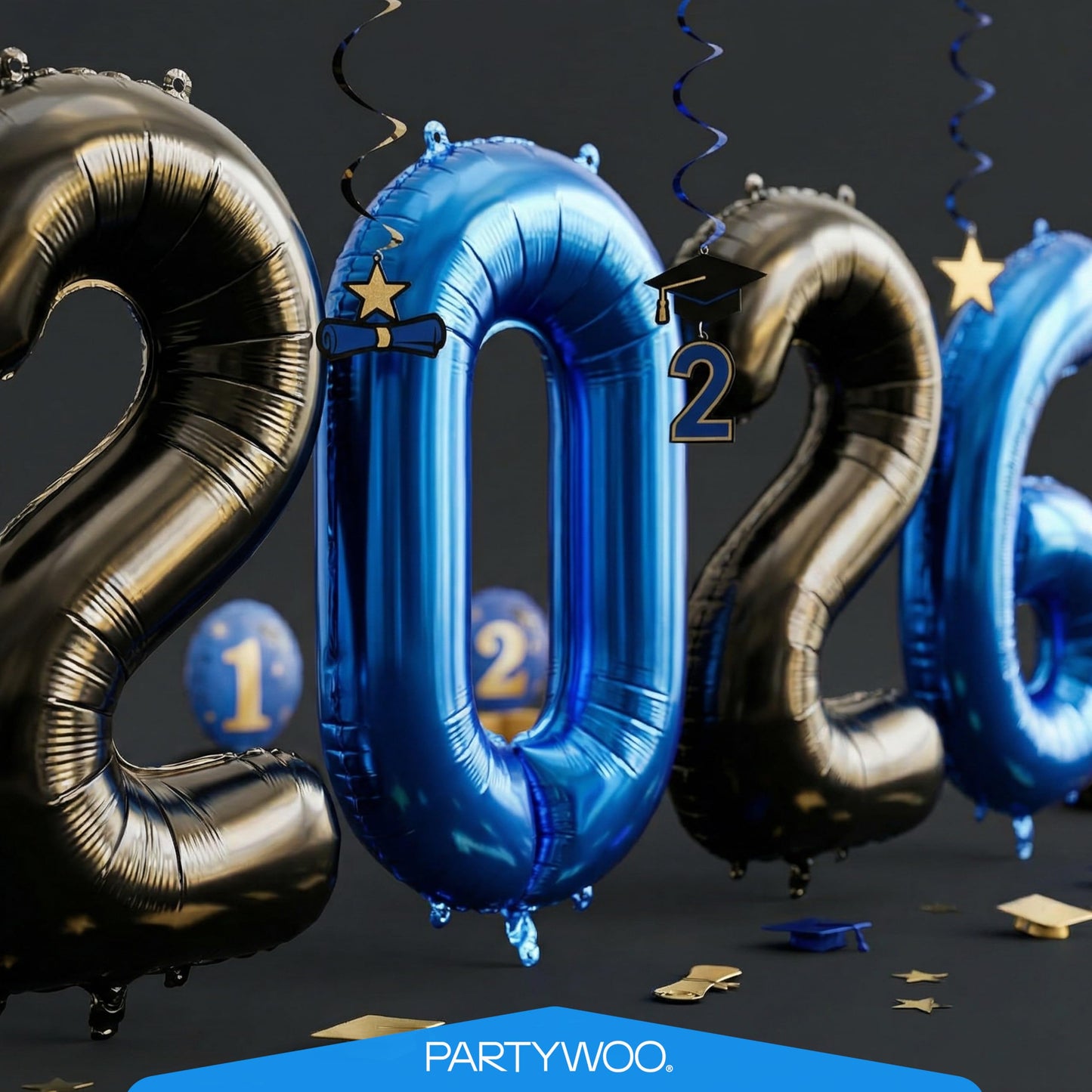 PartyWoo Graduation Balloons Class of 2026 Black Blue Gold 12pcs Balloons 40 Inch 2026 Foil Number Balloons 18 Inch Congrats Grad Mylar Balloons for Black Blue Graduation Decorations Party Supplies