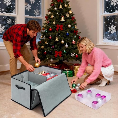 BALEINE Christmas Ornament Storage Box - Premium Red Container with Dividers for 128 Balls