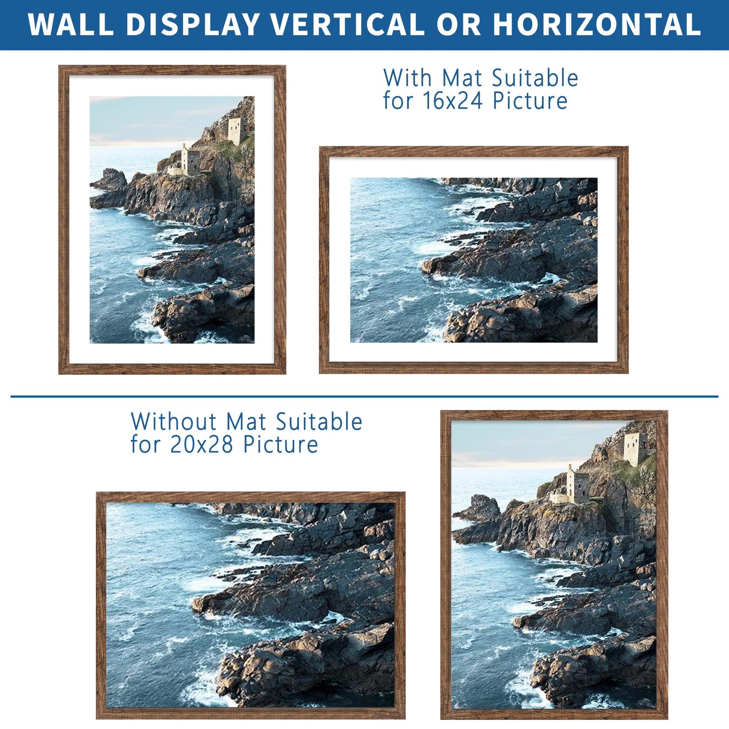 Hongkee 20x28 Picture Frame Set of 2, Rustic Black Wood Style - Display 16x24 Picture with Mat or 20 x 28 Poster without Mat, Wall Mounting Horizontal and Vertical