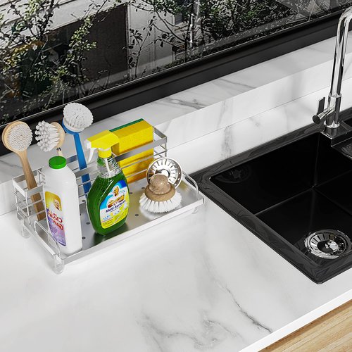 Cisily Kitchen Sink Caddy Organizer, Rustproof Non-Slip Soap Dish Dispenser Brush, Sponge Holder, Silver