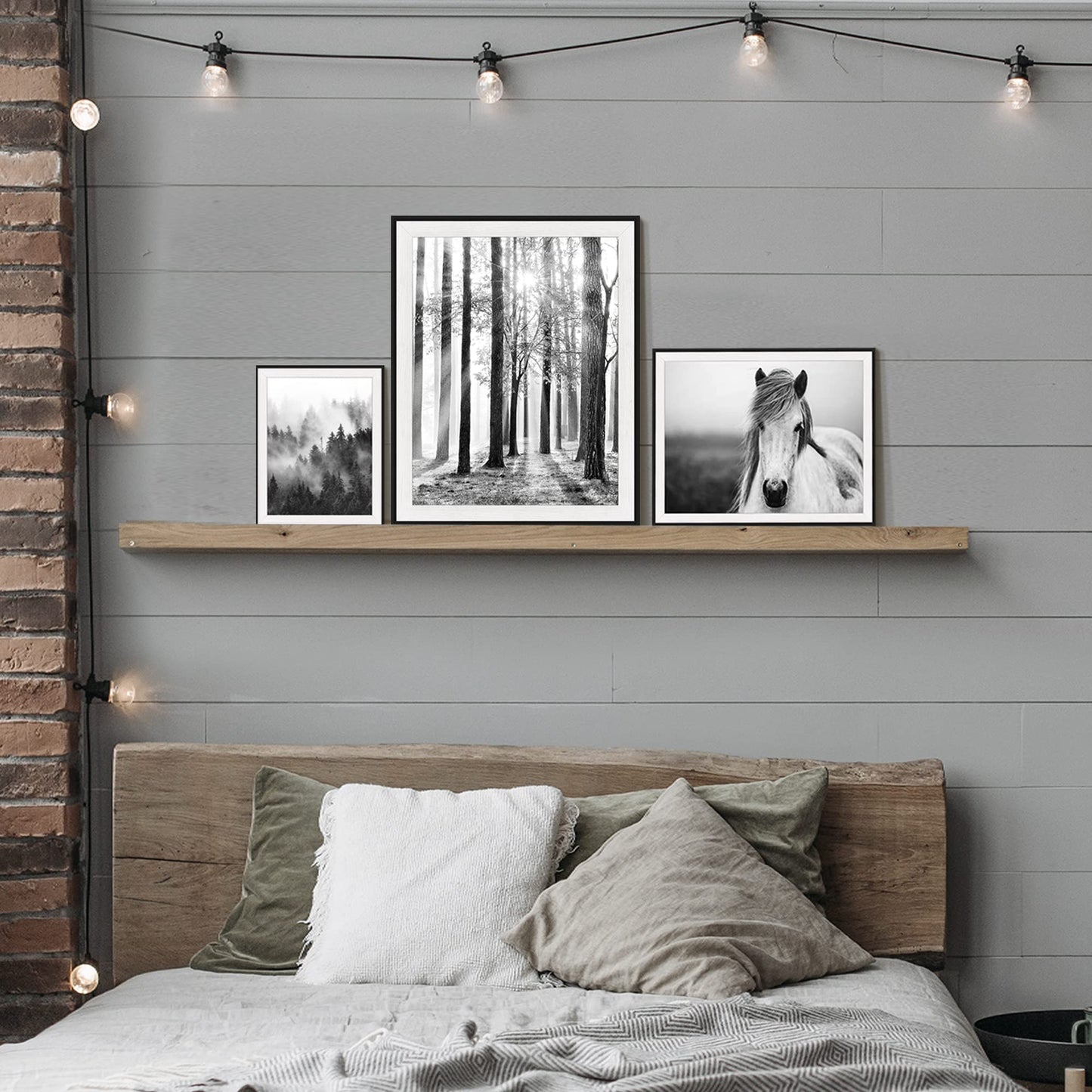 Forest Sunrise Pictures Framed Prints - Peaceful Landscape Scene and Elegant White Horse Wall Art Sets for Living Room, Bedroom, Office, Bathroom 3 Panels