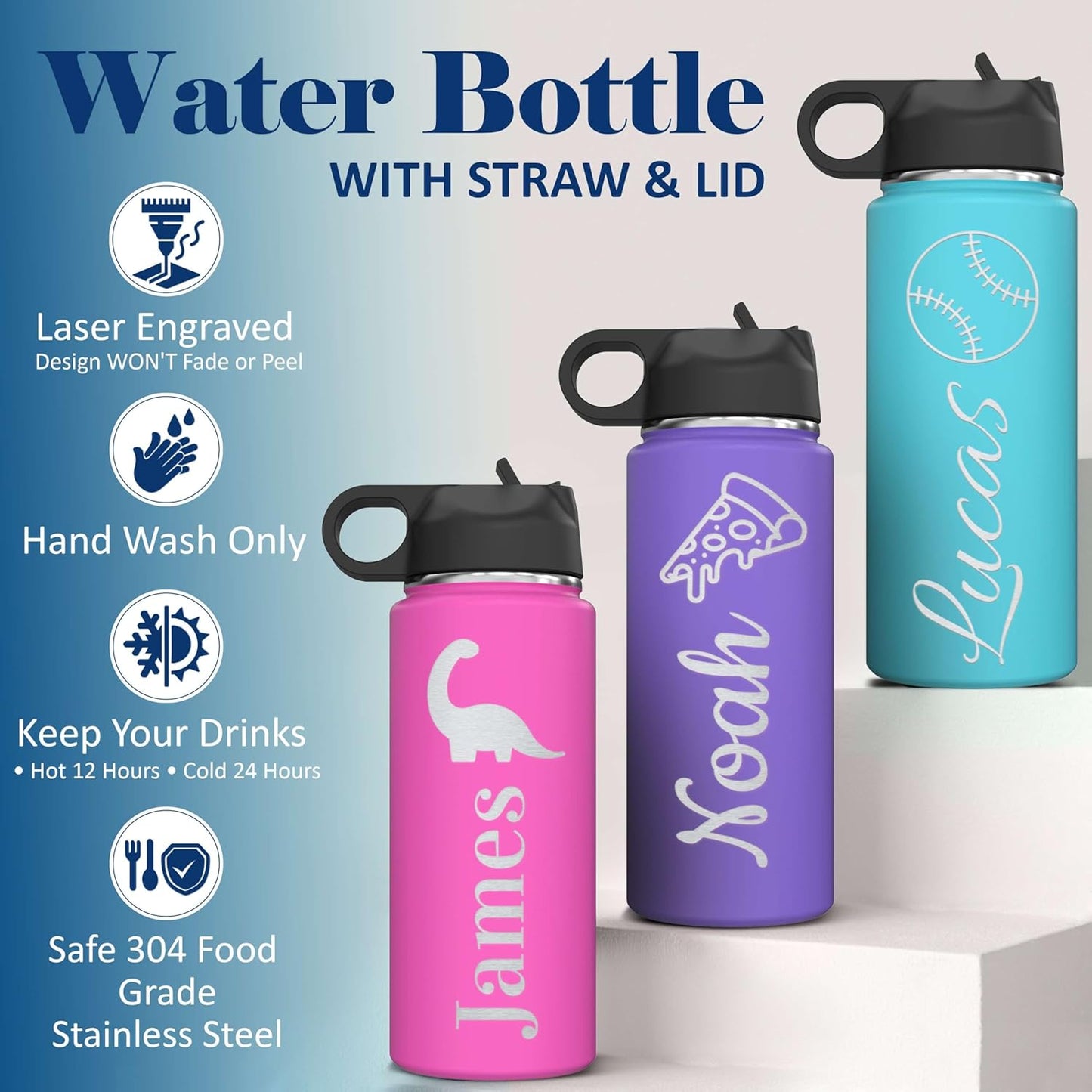 Skiennix Personalized Boys Name Insulated Stainless Steel Water Bottle - Custom Engraved 18 oz with Flip Top Lid & Straw