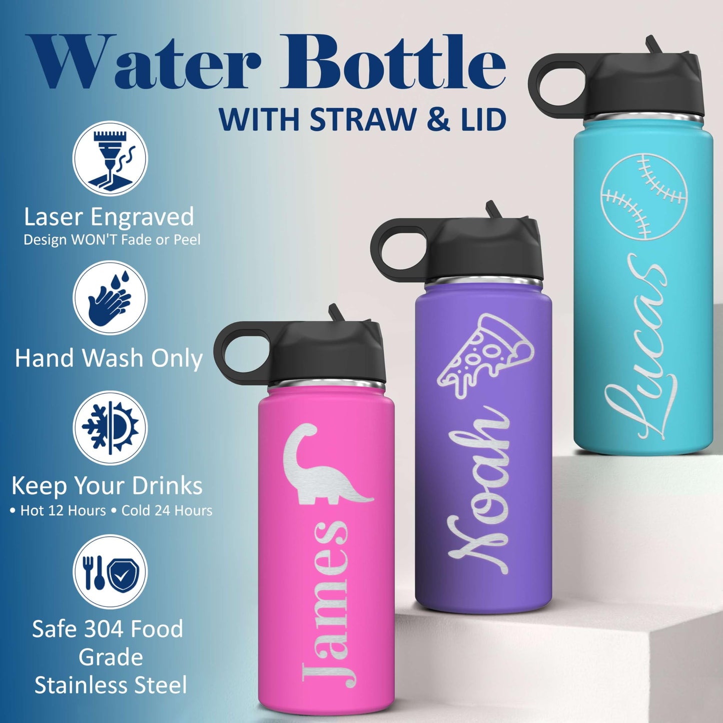 Personalized Boys Name & Icon Insulated Stainless Steel Water Bottle with Flip Top Lid & Straw Custom Engraved Kids, Teens, Children Gifts 18 oz.