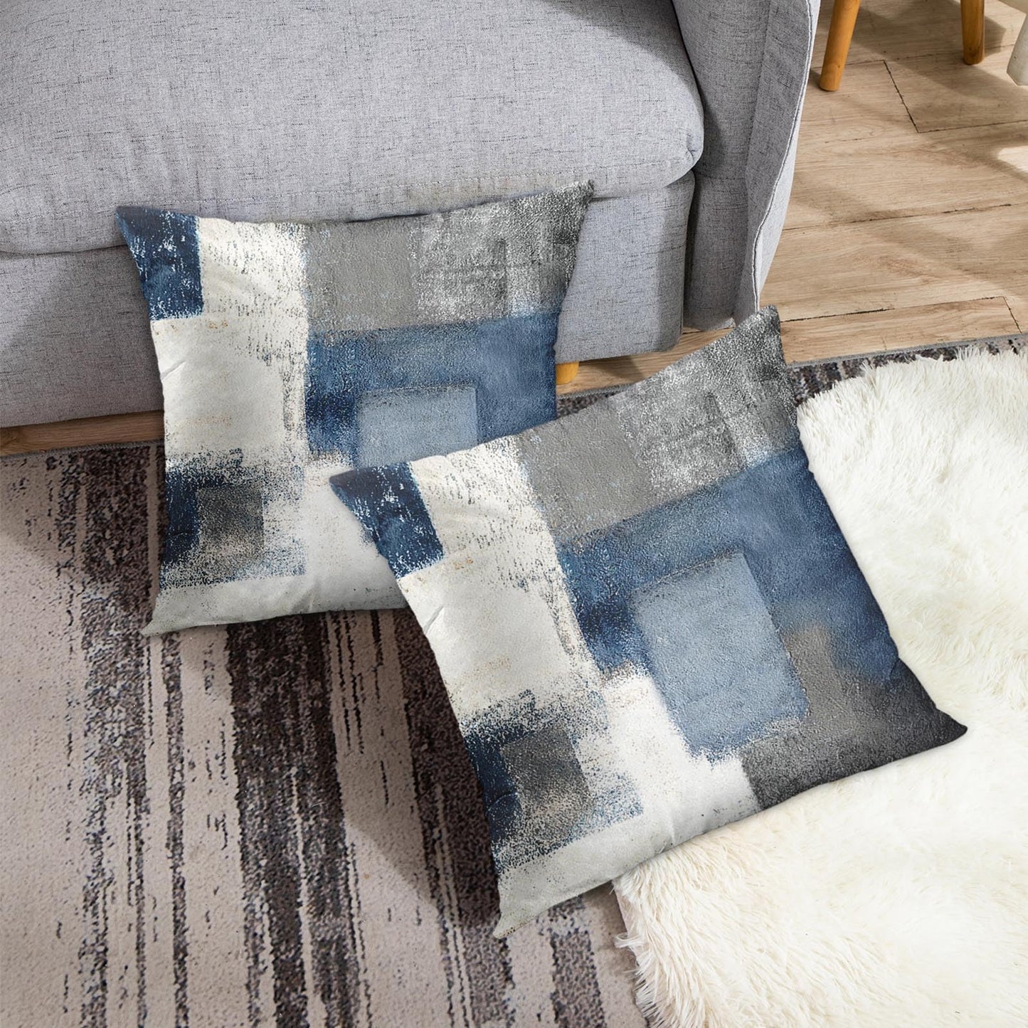 Taysta 2PC Lumbar Decor Throw Pillow Covers Blue and Grey Cushions Rectangle Design Abstract Art Painting Style Modern Contemporary Home Decorative Cushion Pillow Cases 18" x 18" Pillowcases