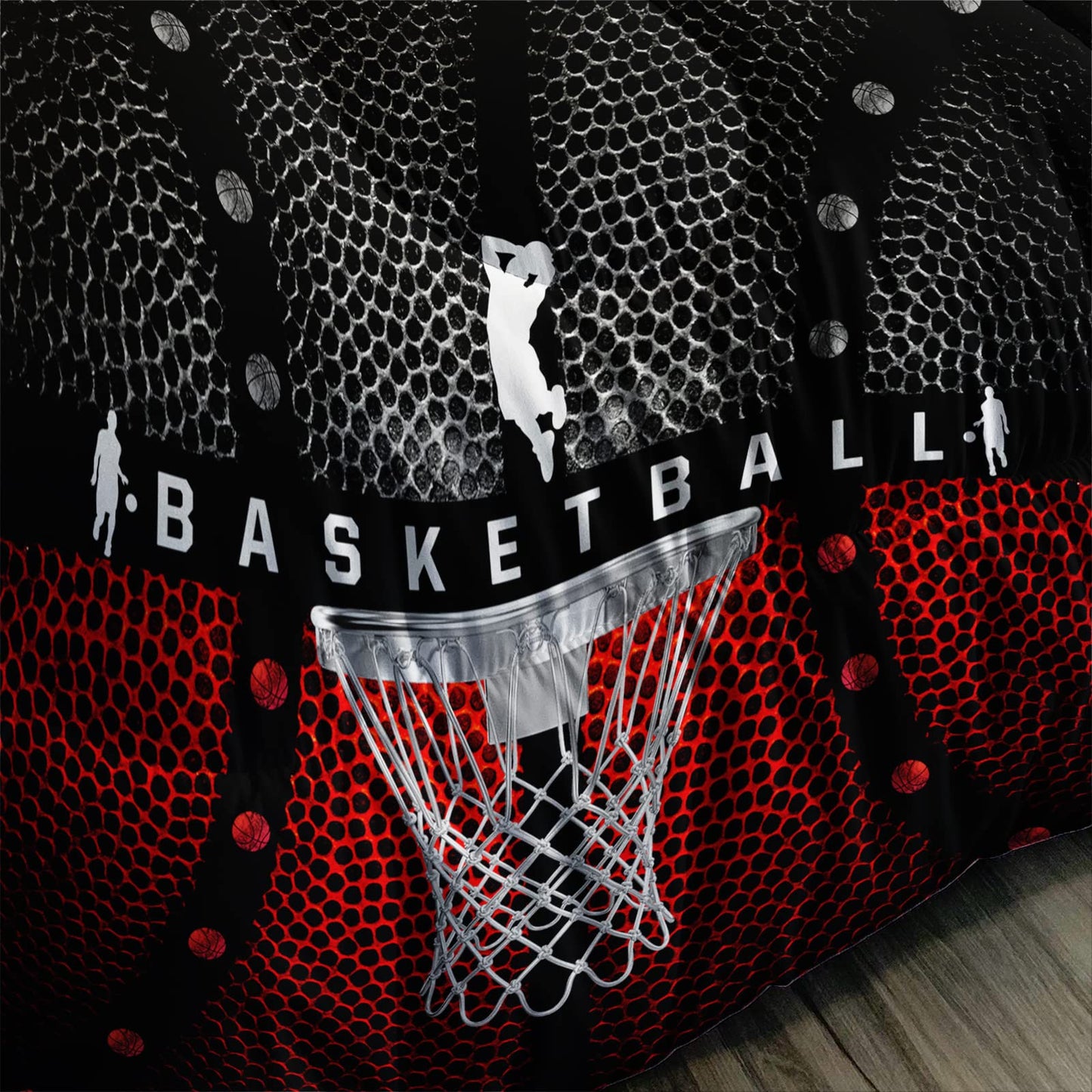Axolotl Basketball Bedding Set for Boys Kids Teens,Soft Microfiber Black and Red Sports Theme Basketball Bedding Sets Full Size with 1 Comforter and 2 Pillowcases All Season