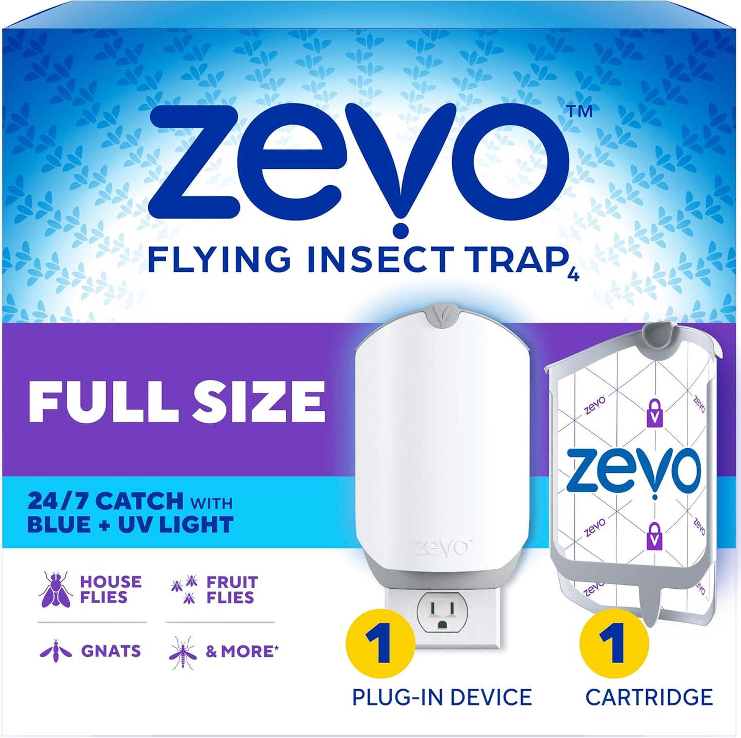 Zevo Flying Insect Trap - Mess-Free Indoor Bug Catcher for Flies & Gnats - Blue & UV Light (1 Device, 1 Cartridge)