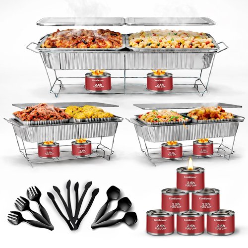 Disposable Chafing Dish Buffet Set, 33 Piece of Chafing Servers with Food Warmers, Covers, Half-Size Food Pans, Water Trays, Serving Utensils, Foil Lids and 4Hr Fuel Cans for Parties, Catering