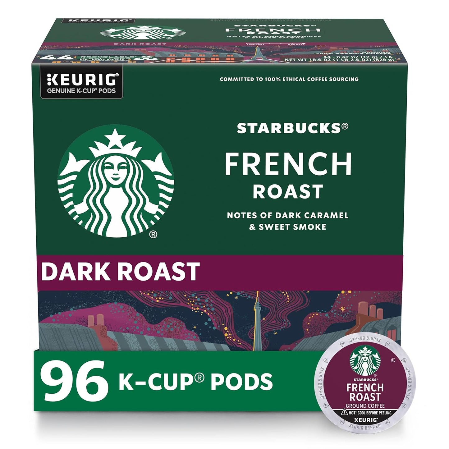 Starbucks K-Cup Coffee Pods - Dark Roast French Roast for Hot or Iced Coffee | 96 Count