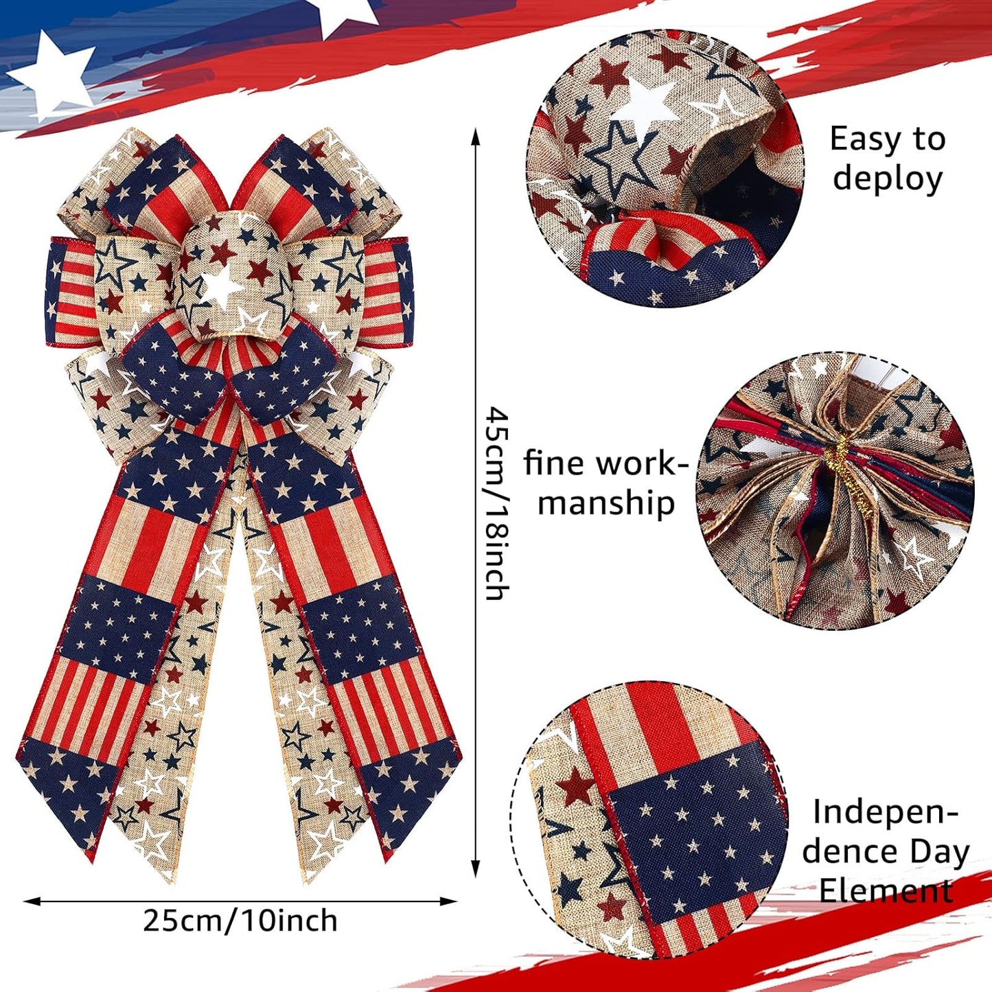 Jutom Patriotic Bow Wreath - Red, White & Blue Star Burlap Bow for 4th of July & Veterans Day | Indoor/Outdoor Decor