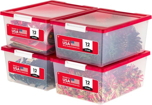 IRIS USA 12 Qt. Plastic Storage Bins - Stackable Craft Organizers with Lids | Clear/Red, 4 Pack