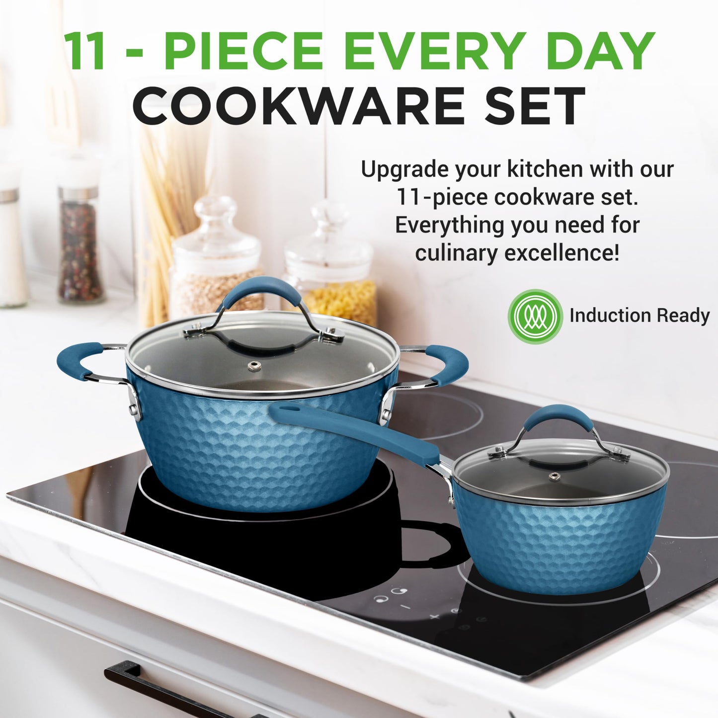 NutriChef 11 Pc Pots and Pans Set - Non Stick Cookware Set with Ceramic Coating, Ergonomic Handles, Induction Ready, Includes Saucepan, Dutch Oven, Large & Small Fry Pans - Royal Blue