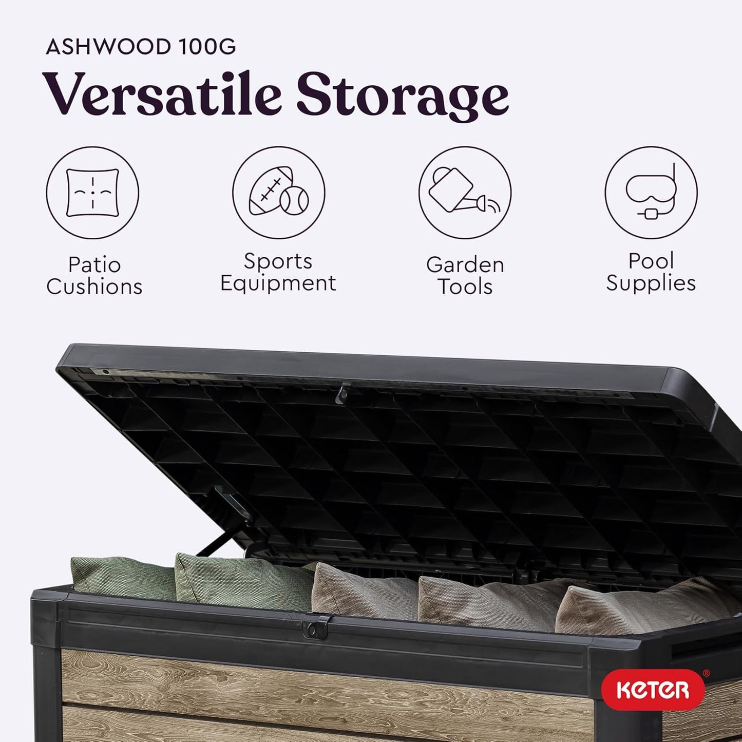 Keter Ashwood 100 Gallon Resin Deck Box - Outdoor Storage for Patio Furniture & Garden Tools | Brown