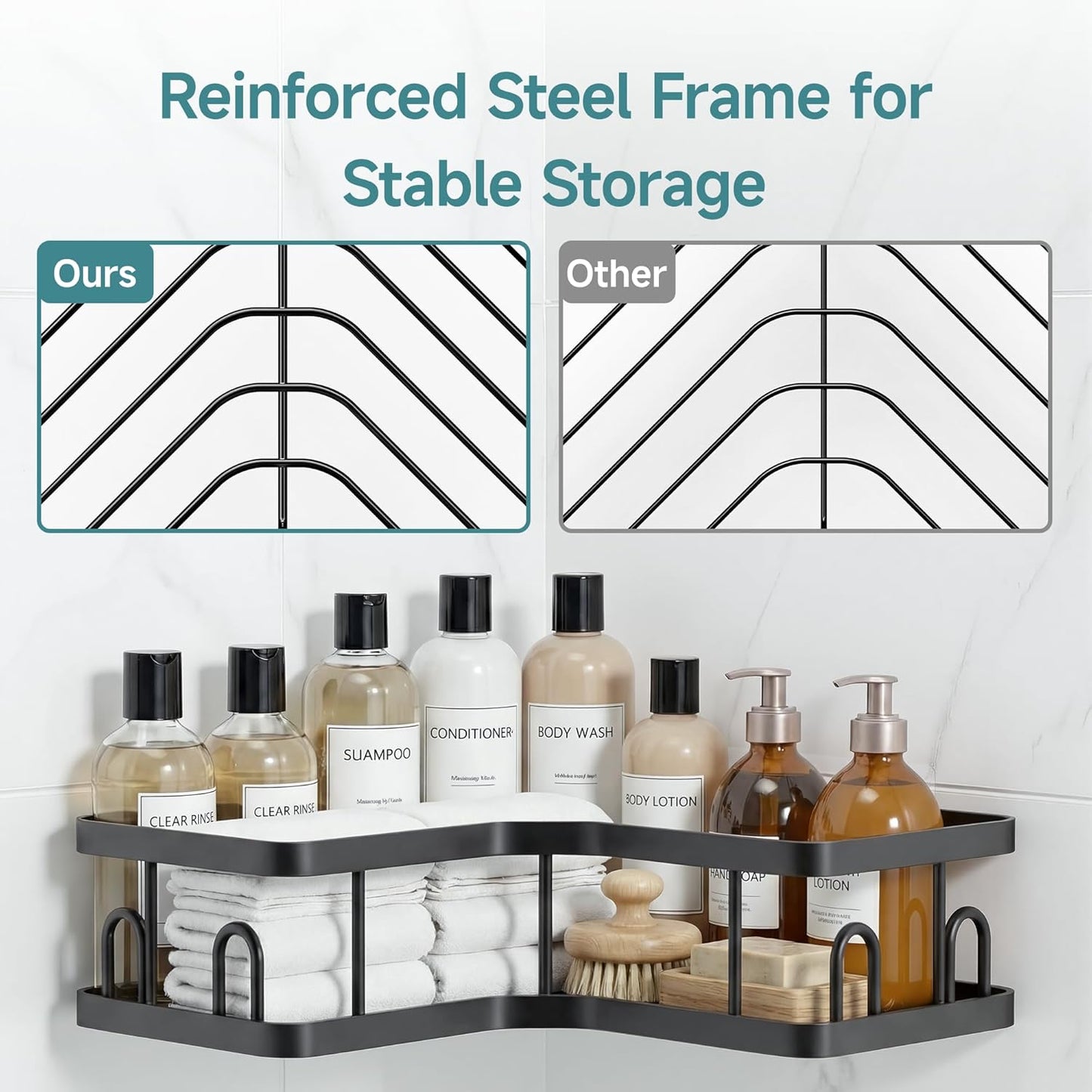 Veken Corner Shower Caddy 3-Pack - Adhesive, No Drilling, Rustproof & Waterproof | Black Bathroom Organizer