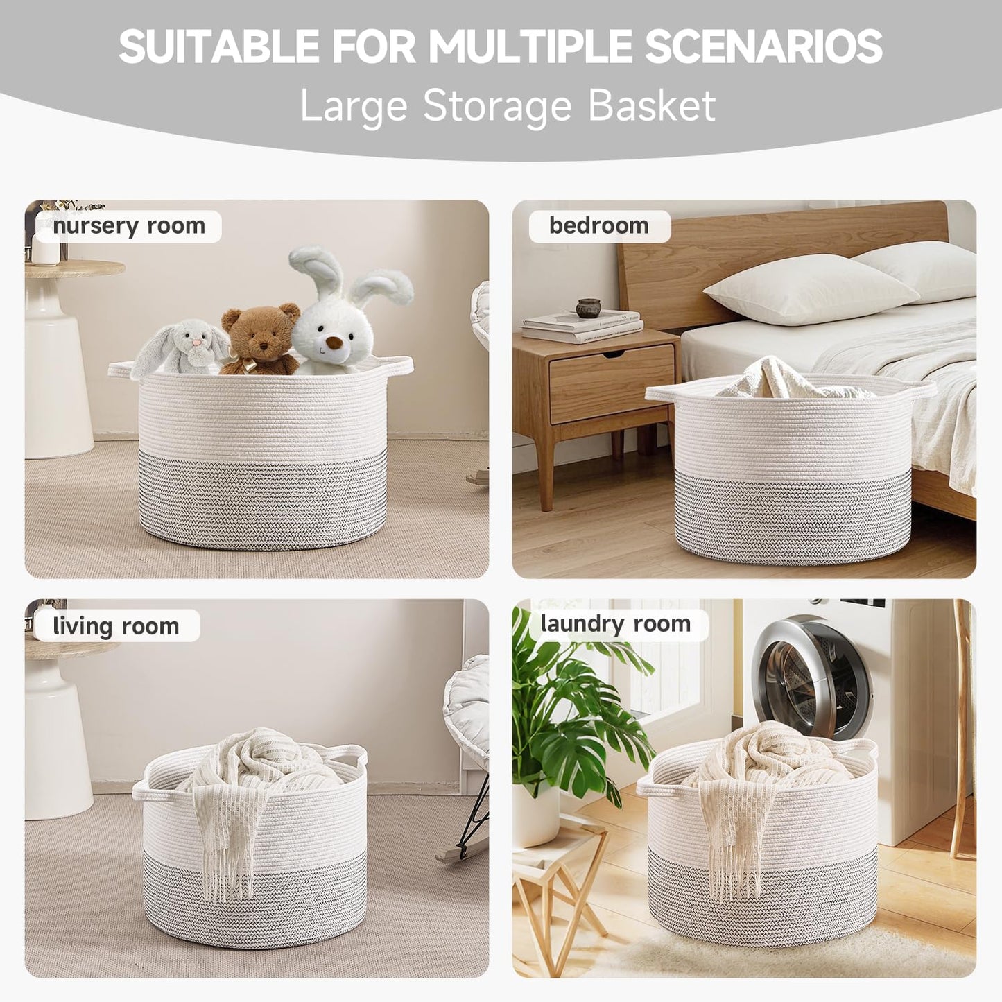CLHMILY&Z Large Storage Basket - 20x13 Inches - Blanket Basket for Living Room, Woven Storage Basket, Large Laundry Basket for Clothes, for Tree Plant, Mix White