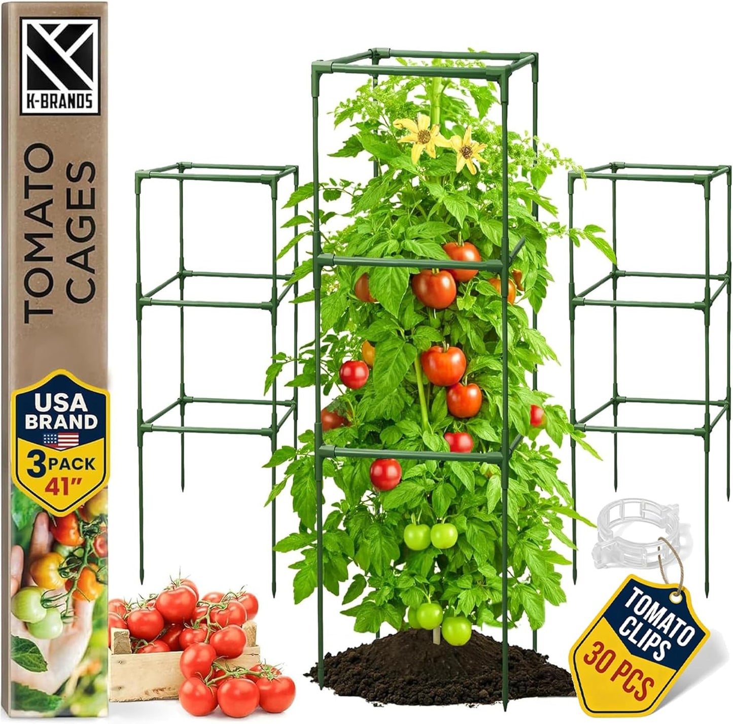 Square Tomato Cage - Durable Plant Support for Vegetables & Climbing Plants | 3 Pack - Up to 41” Tall