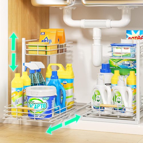 Delamu Under Sink Organizer - Height Adjustable Storage Shelf | 2 Pack for Kitchen & Bathroom