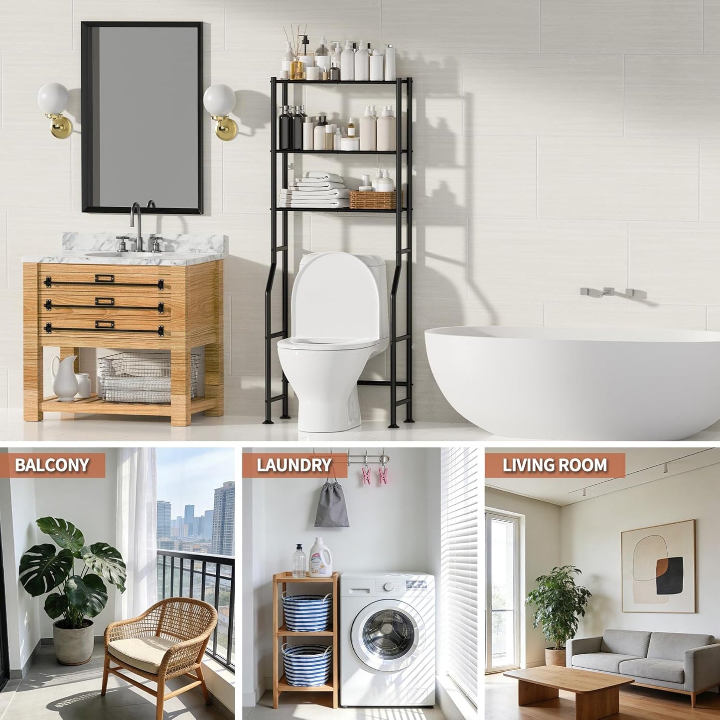 Regine Switzerland 3-Tier Over The Toilet Storage - Freestanding Metal Bathroom Shelves in Black