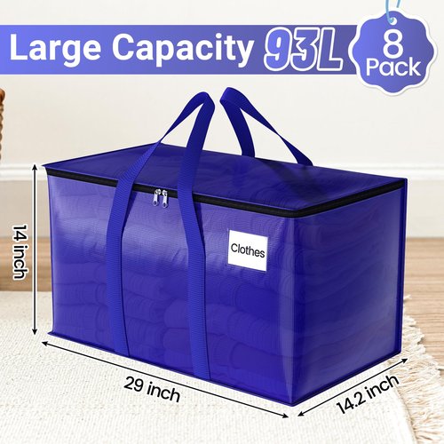 FabSpace 8 Pack Moving Storage Bags Heavy-Duty with Zippers and Reinforced Handles, Moving Supplies Packing Boxes for Moving, Storing, Saving Space, Blue Plastic Storage Totes 93 L(24 Gallon)