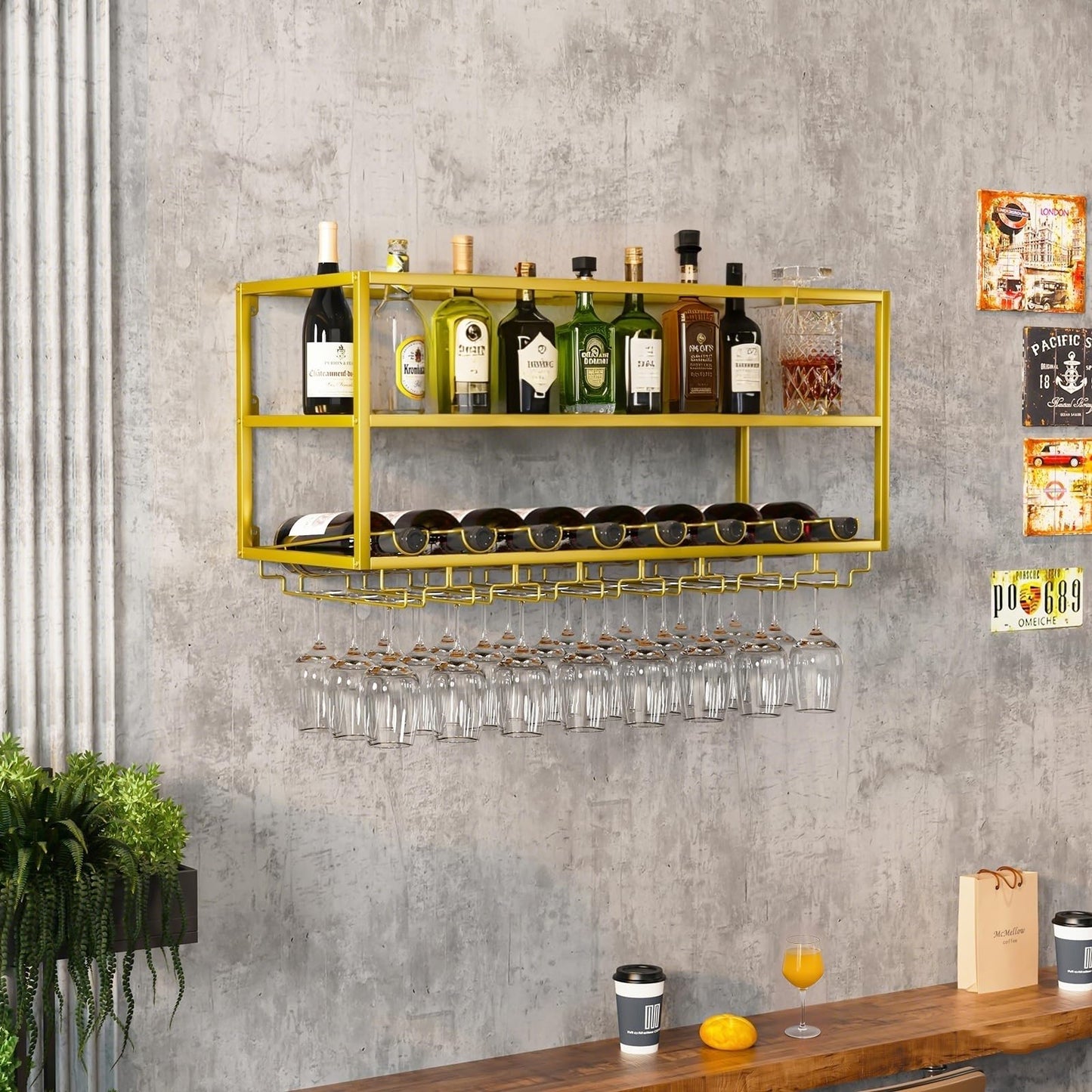 AKOGG Modern Wine Rack Wall Mounted with Glass Holder,Metal Liquor Shelf, Floating Bar Shelves,Liquor Bottle Display Shelf,Hanging Large Capacity Wine Storage Racks for Home Kitchen Dining Room