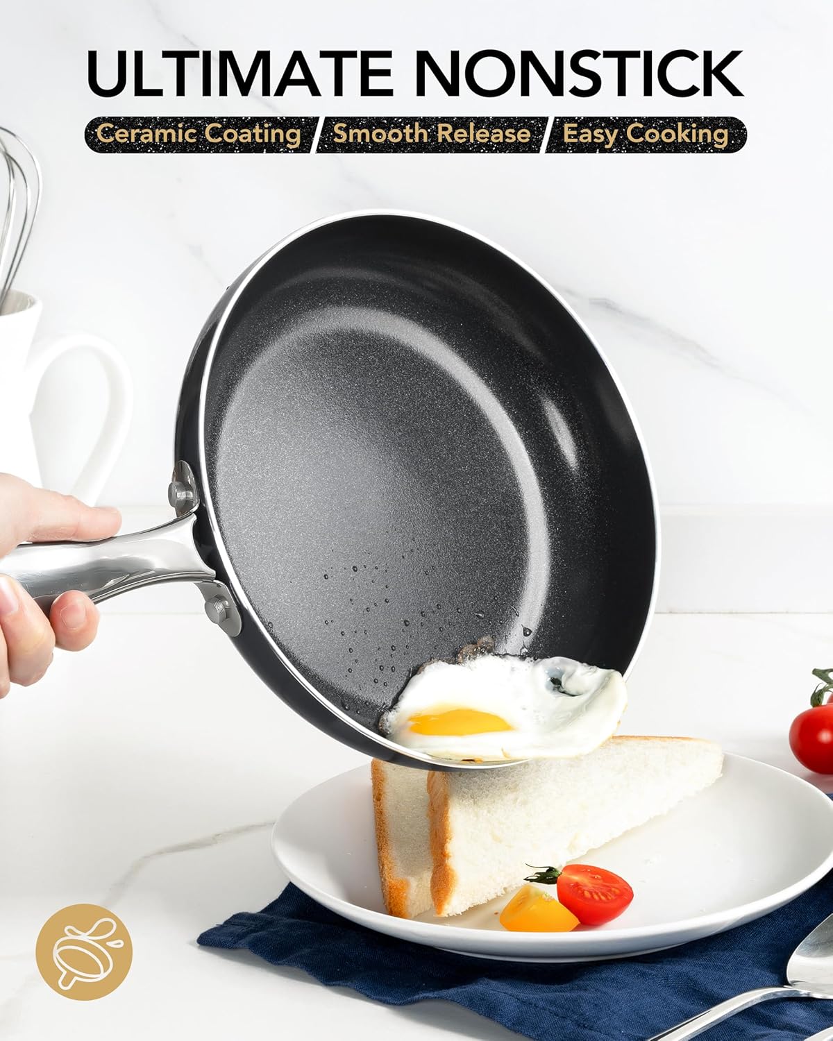MICHELANGELO 8-Inch Nonstick Frying Pan - Non-Toxic Ceramic Skillet with Lid & Stainless Steel Handle | Black