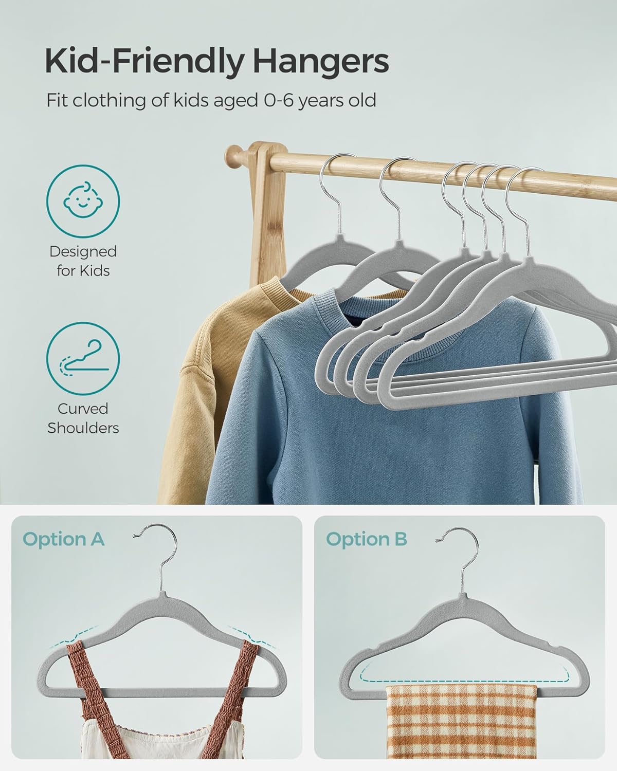 SONGMICS Velvet Baby Kids Hangers - Space-Saving Non-Slip Design with 360° Swivel Hooks | 50 Pack, Dove Gray