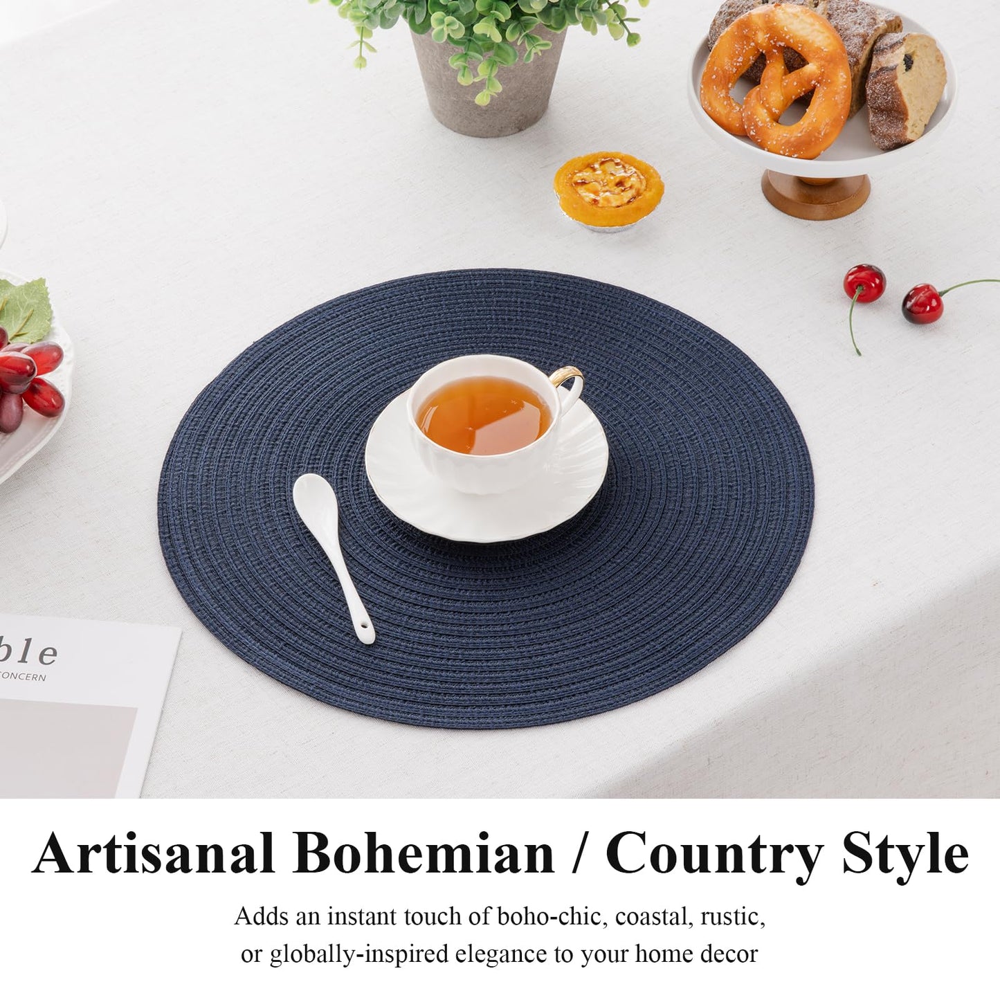 SHACOS Round Placemats Set of 6 Washable 15 inch Circle Polyester Woven Braided Place Mats for Dining Table Indoor Outdoor Table Mats Home Party Wedding Decor (Navy, 6)