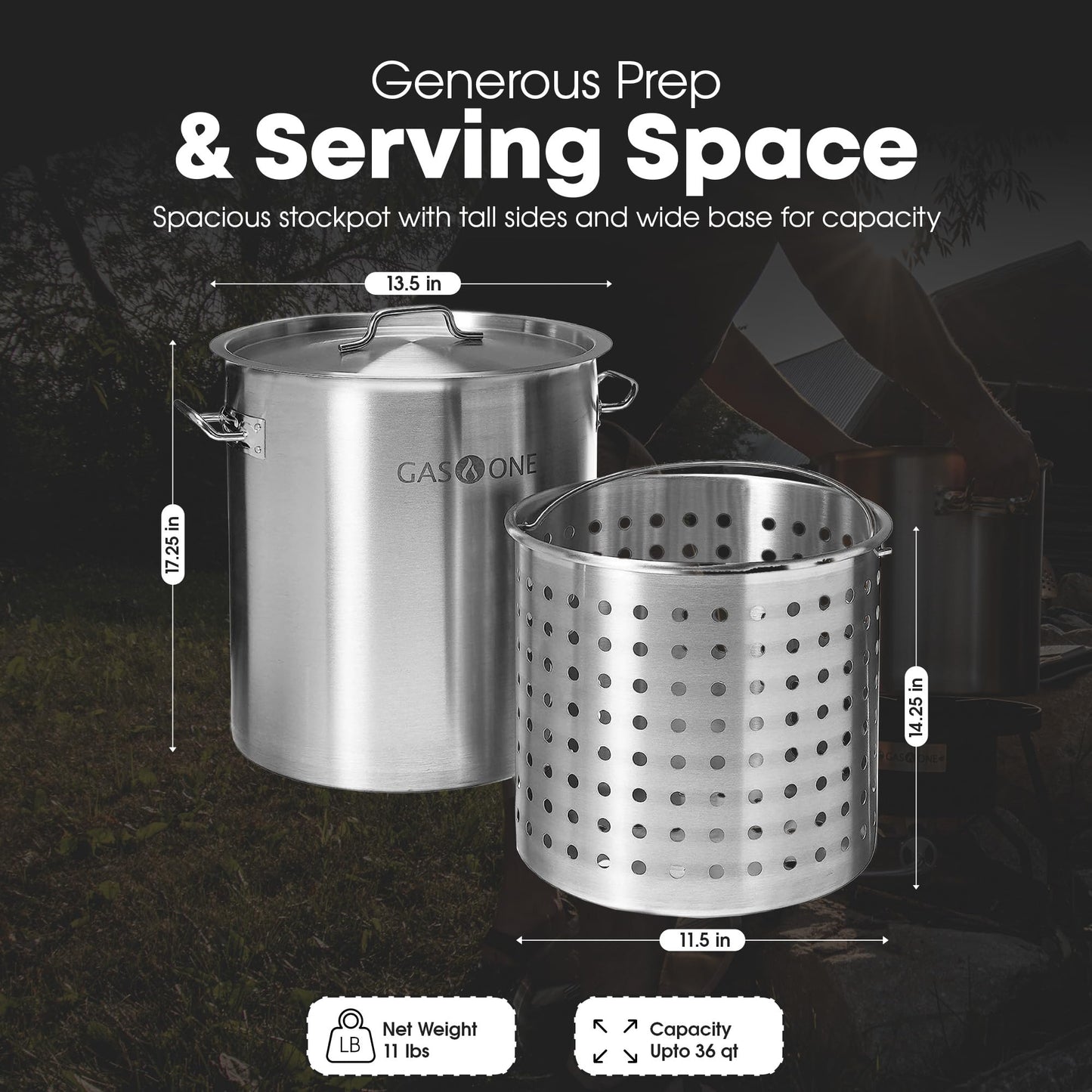 GasOne Stainless Steel Stockpot with Basket – 36qt Stock Pot with Lid and Reinforced Bottom – Heavy-Duty Cooking Pot for Deep Frying, Turkey Frying, Beer Brewing, Soup, Seafood Boil – Satin Finish