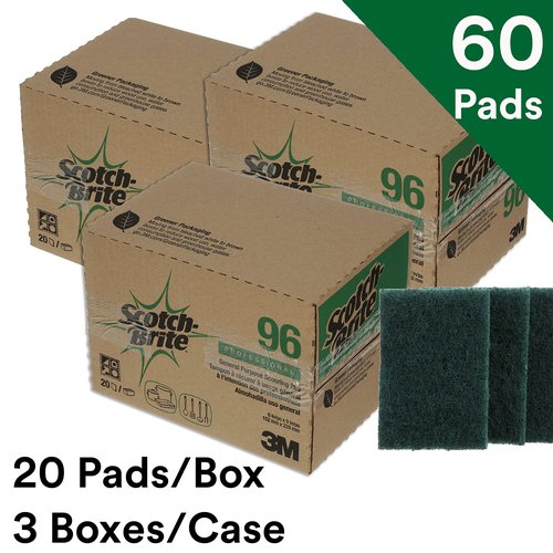 3M Scotch-Brite Scouring Pad 96, 60 Pads, 6” x 9”, General Purpose Cleaning, Food Safe, Non-Rusting, 20 Pads/Box, 3 Boxes/Case