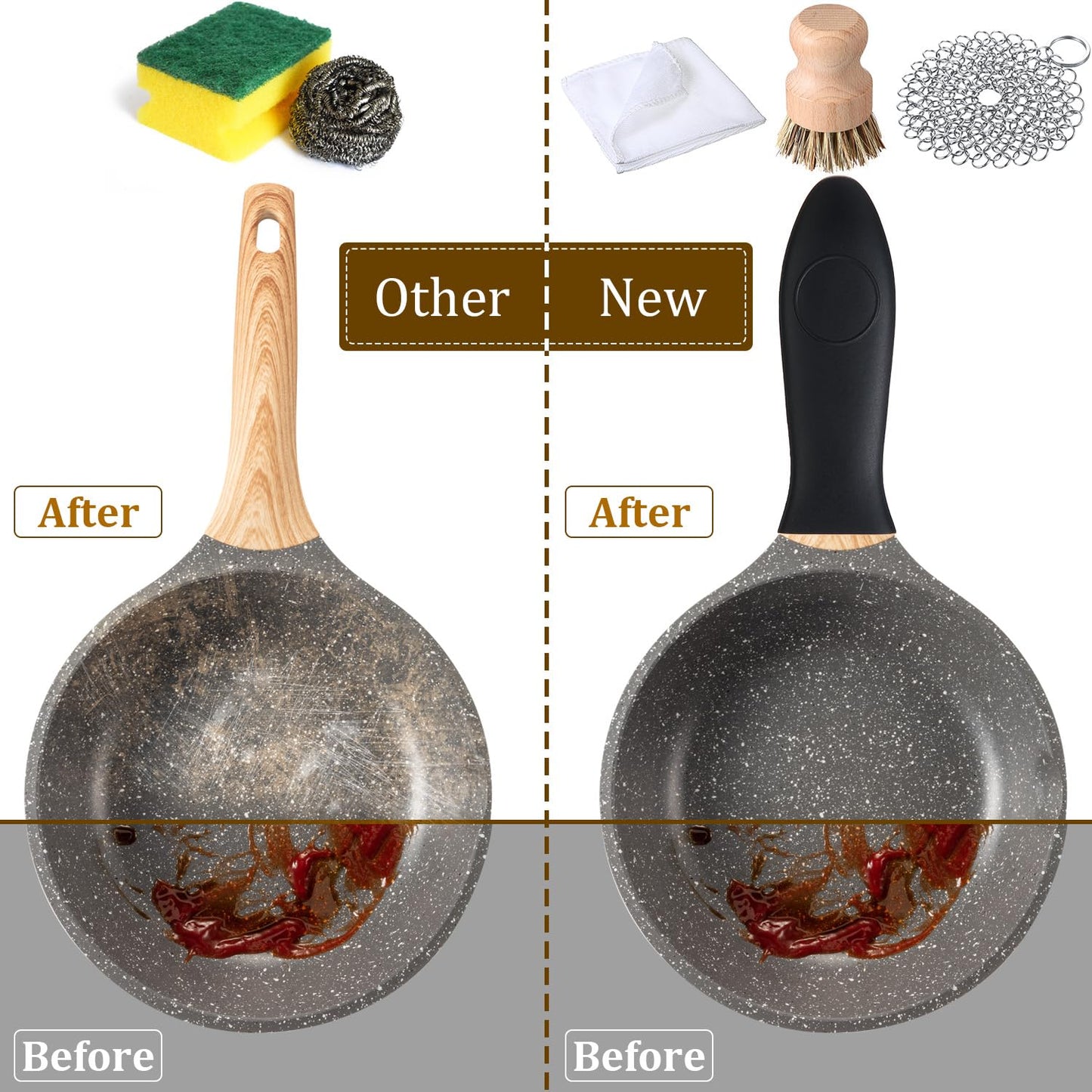 Patelai 7 Pieces Cast Iron Cleaner Set Include Stainless Steel Chainmail Scrubber with Bamboo Dish Scrub Brush Hot Handle Holder 2 Pan Grill Scrapers Kitchen Towel Wall Hook (Classic Color)