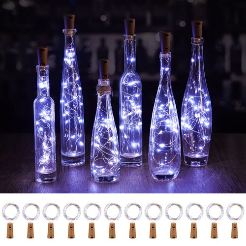 Brightown Wine Bottle Lights with Cork, 10 Pack 20 LED Waterproof Battery Operated Cork Lights, Silver Wire Mini Fairy Lights for Liquor Bottles DIY Party Christmas Wedding Décor, Pure White